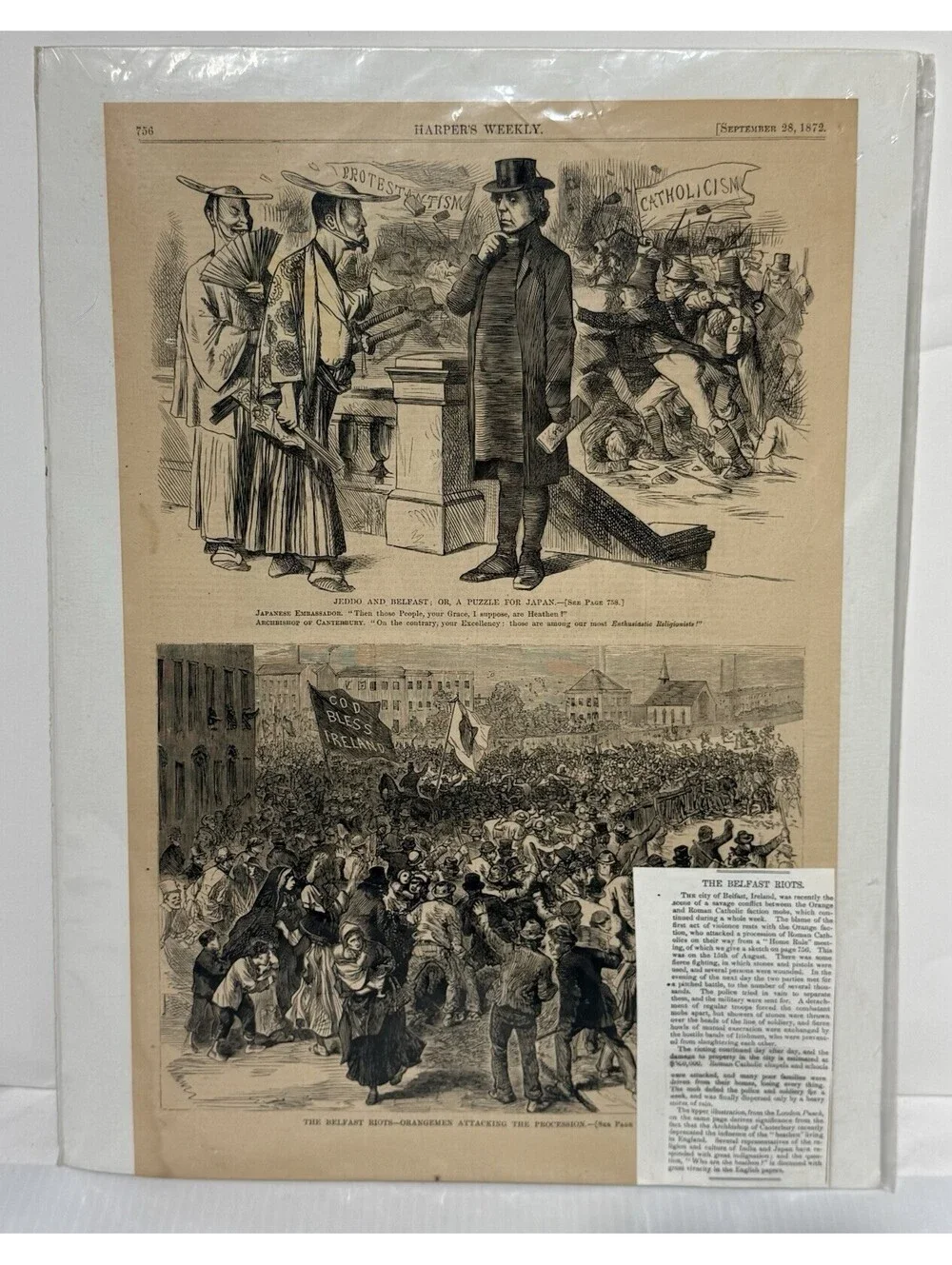 1872 Harper’s Weekly Belfast Riots Orangemen Ireland Political Print